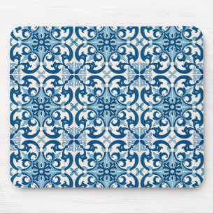 Mousepad Azulejo Azulejo Padrão Indigo Azul Branco