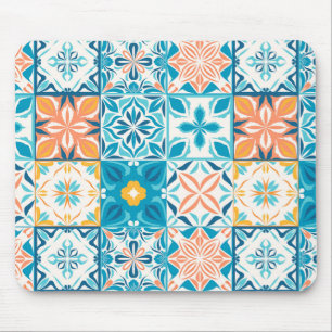 Mousepad azulejos ornamentados em azul e laranja