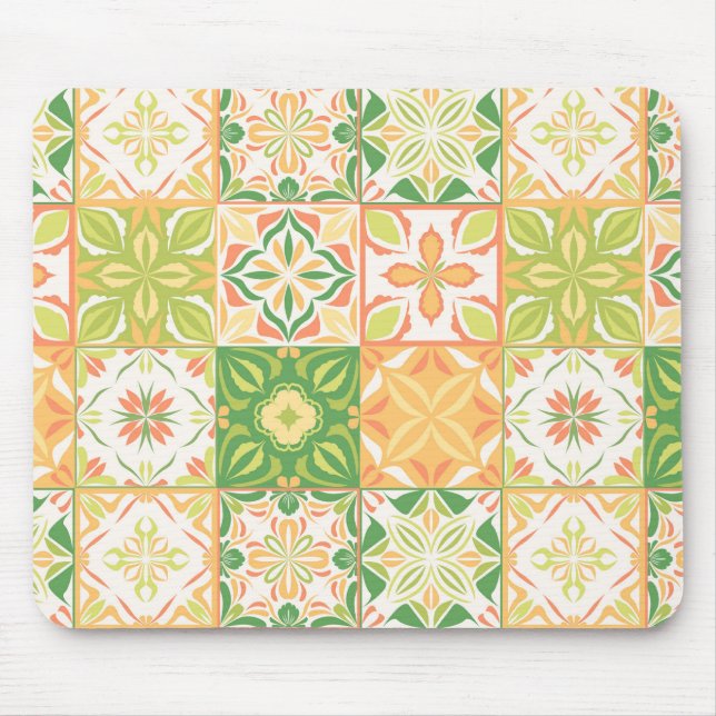 Mousepad azulejos ornamentados em verde e amarelo (Frente)