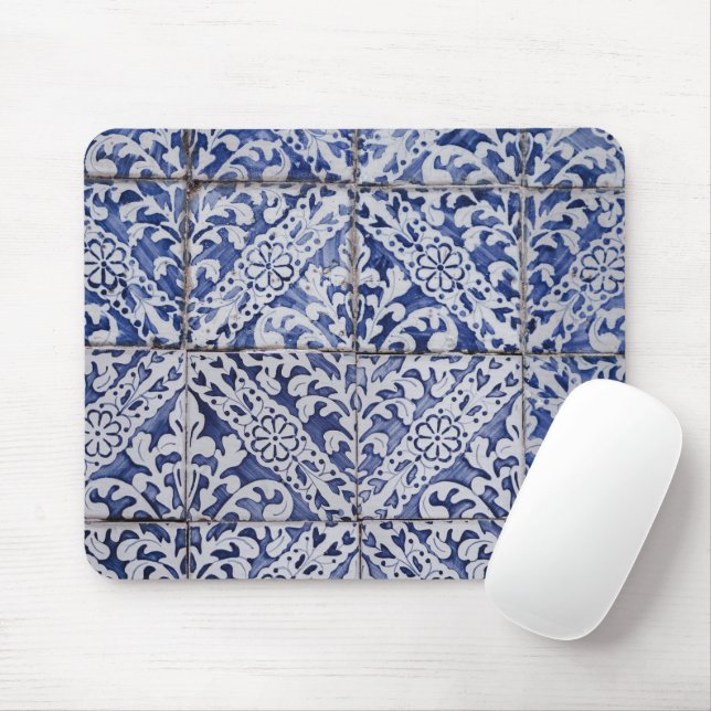 Mousepad Azulejos Portugueses - Azulejo Azul e Branco Flora (Com mouse)