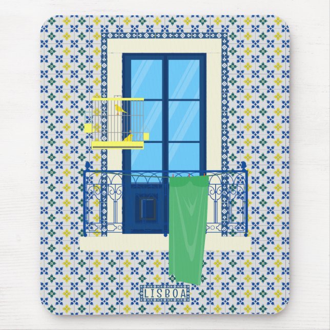 Mousepad Azulejos portugueses e varanda de janela com aves (Frente)
