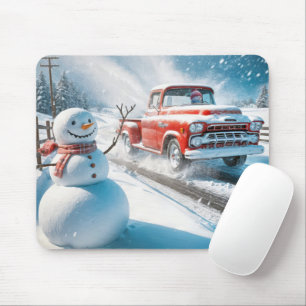 Mousepad Balançando Neve com Caminhão Vermelho Retro