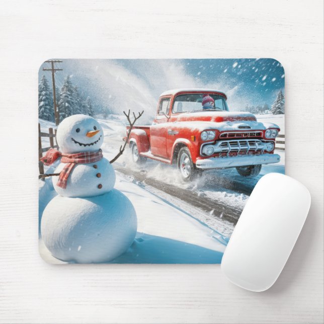Mousepad Balançando Neve com Caminhão Vermelho Retro (Com mouse)