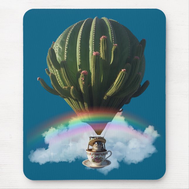Mousepad Balão de Ar Quente de Gato Surreal com Cactus e Ra (Frente)
