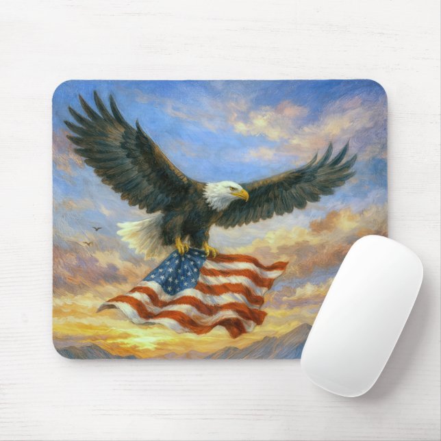 Mousepad Bald Eagle Flying With American Flag (Com mouse)