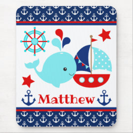 Mousepad Baleia Azul Náutica Fofa e Padrão de Âncoras