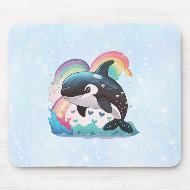 Mousepad Baleia Orca Kawaii Fofa Arco-íris Borboletas (Frente)