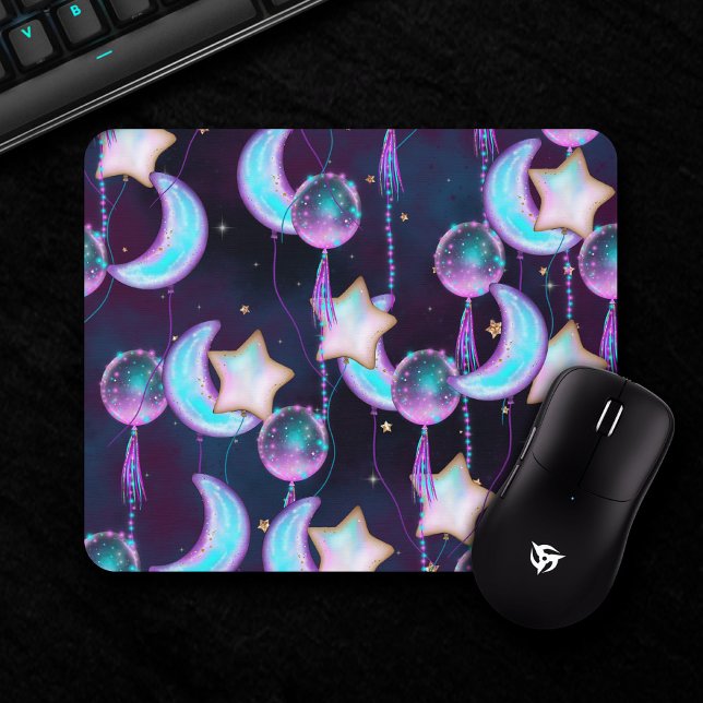 Mousepad Balões Cósmicos | Estrelas de Lua Roxa Azul Planet (Criador carregado)