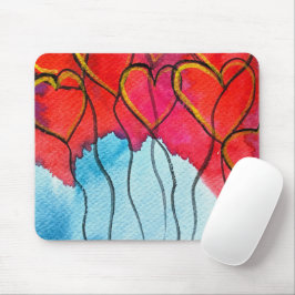 Mousepad Balões de coração vermelho Namorados aquarela