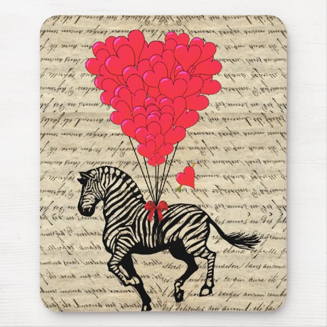 Mousepad Balões engraçados da zebra & do coração do vintage (Frente)