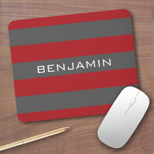 Mousepad Bandas de Rugby Vermelhas e Cinzas com Nome Person