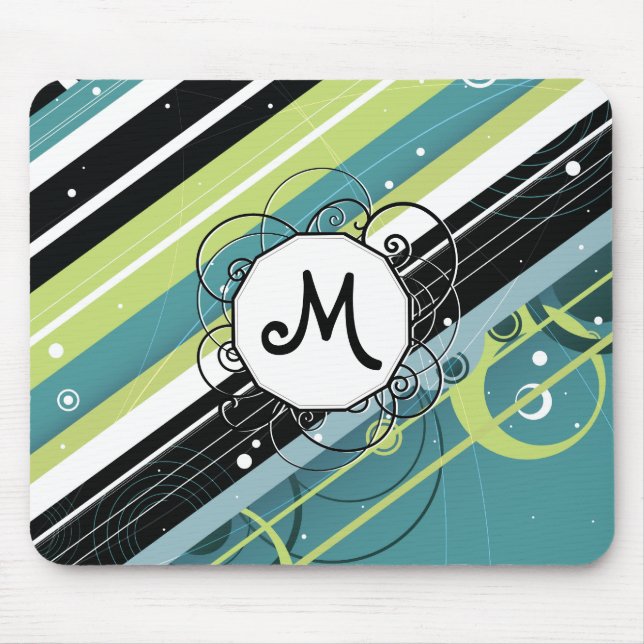 Mousepad Bandas Modernas de Teal e Limão com Monograma (Frente)