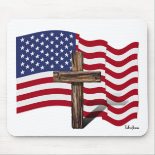 Mousepad Bandeira Americana Acenando e Cruz Rústica
