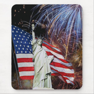 Mousepad Bandeira americana, fogos-de-artifício e estátua