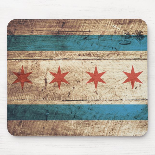 Mousepad Bandeira de Chicago na grão de madeira velha (Frente)