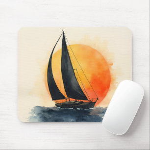 Mousepad Barco à vela em aquarela ao pôr do sol