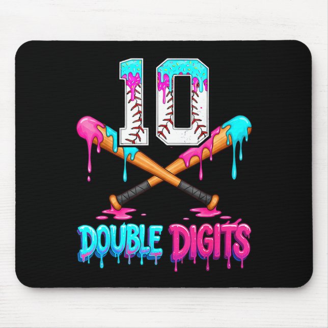 Mousepad Baseball 10 Year Old Ice Cream Drip 10th Bday Doub (Frente)
