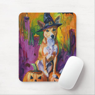 Mousepad Basenji Assustador de Halloween Bruxa e Abóbora