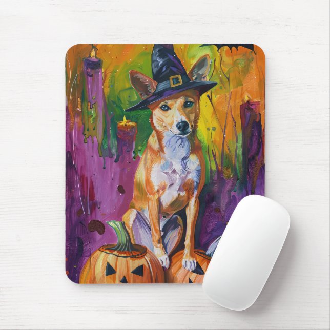 Mousepad Basenji Assustador de Halloween Bruxa e Abóbora (Com mouse)
