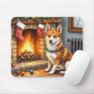 Mousepad Basenji Sentado ao Lado da Lareira com Luzes de Na