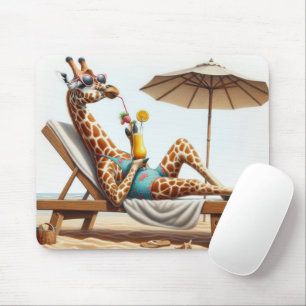 Mousepad Beach Giraffe Bebendo A Cocktail