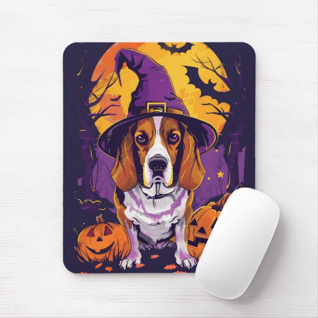 Mousepad Beagle Assustador da Bruxa do Halloween e Abóbora (Com mouse)