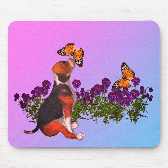 Mousepad Beagle Puppy Butterflies Pansias (Frente)