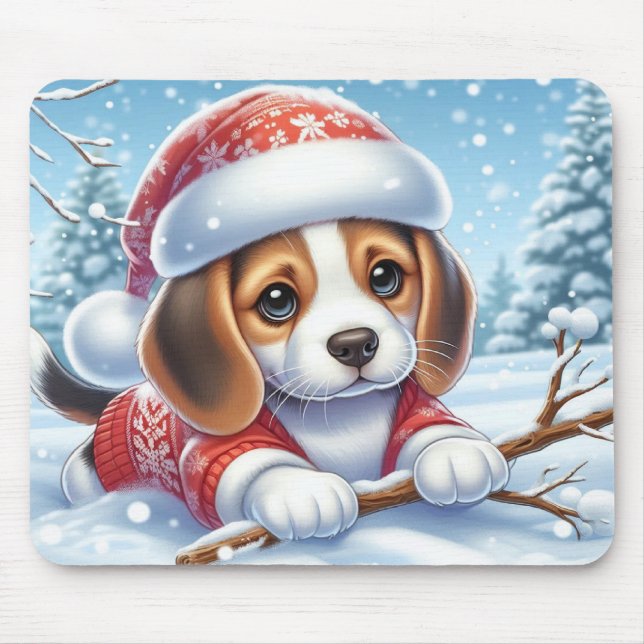 Mousepad Beagle Puppy em terno de natal apreciando a neve (Frente)