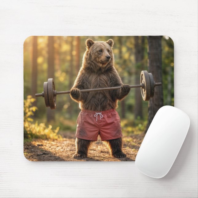 Mousepad Bear Lifting Weights In a Sunny Forest (Com mouse)