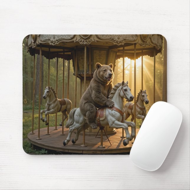 Mousepad Bear Riding a Carousel Horse in a Forest (Com mouse)