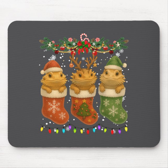 Mousepad Bearded Dragon In Christmas Socks Lights Bearded D (Frente)