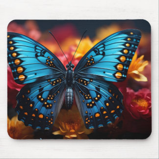 Mousepad Beautiful Blue and Yellow Butterfly on Flowers 