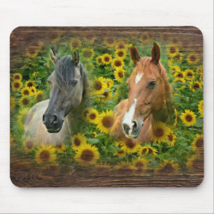 Mousepad Beautiful Horses in Field of Sunflowers