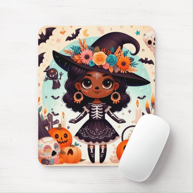 Mousepad Beautiful little witch halloween party (Com mouse)