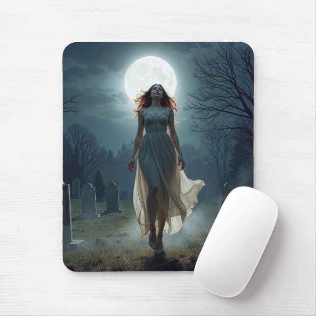 Mousepad Beautiful Woman Walking In a Moonlit Cemetery (Com mouse)