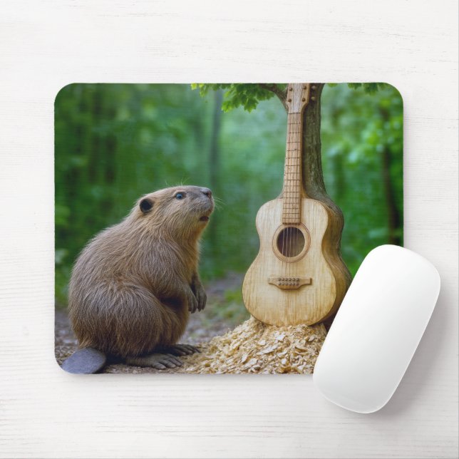 Mousepad Beaver admirando sua guitarra gravada em uma árvor (Com mouse)
