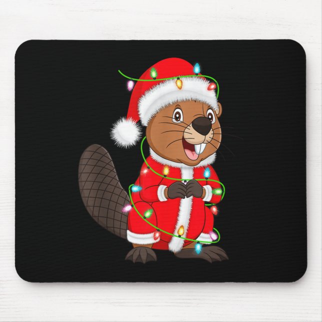 Mousepad Beaver Christmas Lights Santa Costume Cute Animal  (Frente)