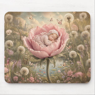 Mousepad Bebê dormindo em flor rosa