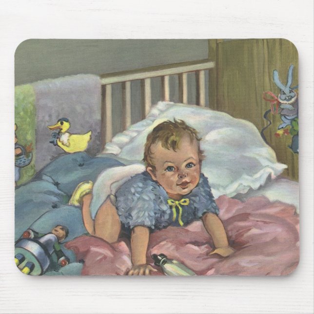 Mousepad Bebê Fofo Antigo Brincando no Berço, Hora da Sonec (Frente)