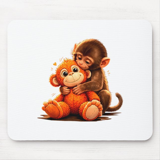 Mousepad Bebê fofo macaco soco abraçando brinquedo de pelúc (Frente)