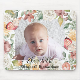 Mousepad Bebê Foto Floral Rosa Rosa Borboleta Rosa Botânica