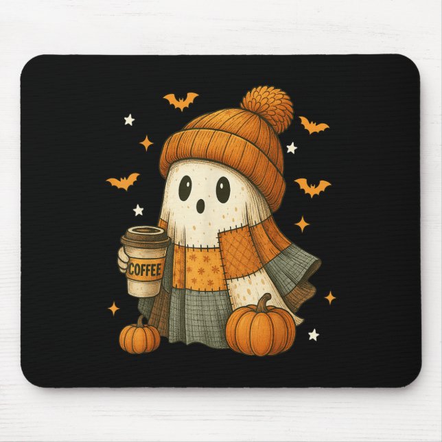 Mousepad Bebendo Fantástico Café Halloween Patchwork Gho (Frente)