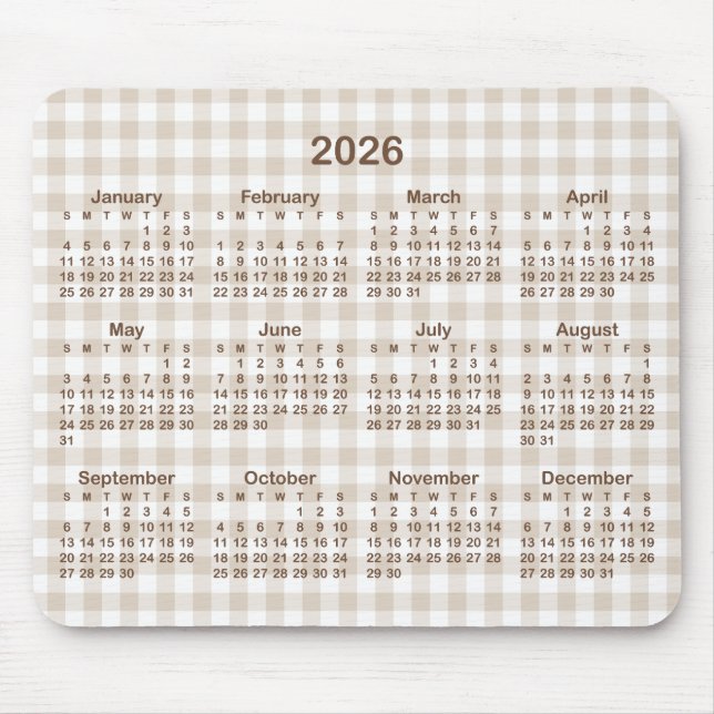 Mousepad Beige Gingham Plaid Brown 2026 Calendar (Frente)
