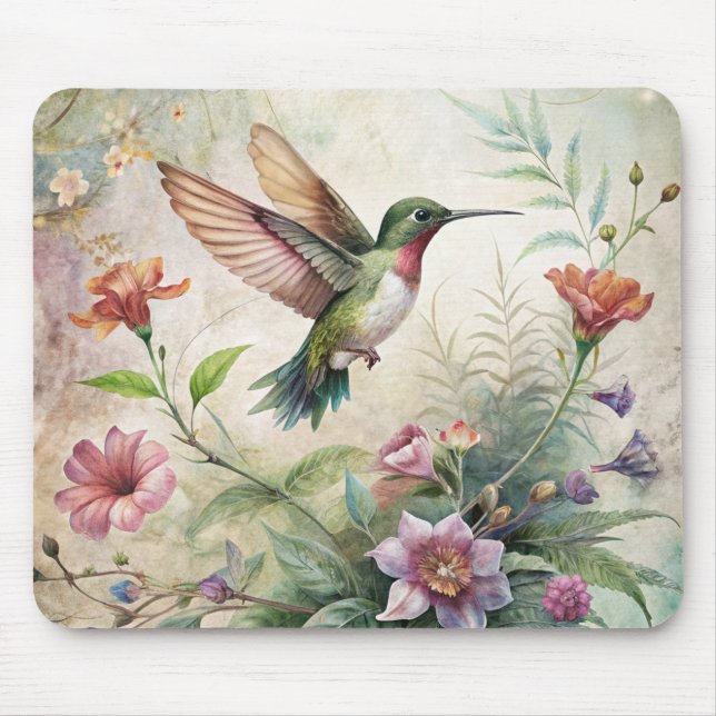 Mousepad Beija-flor-branca nas flores (Frente)