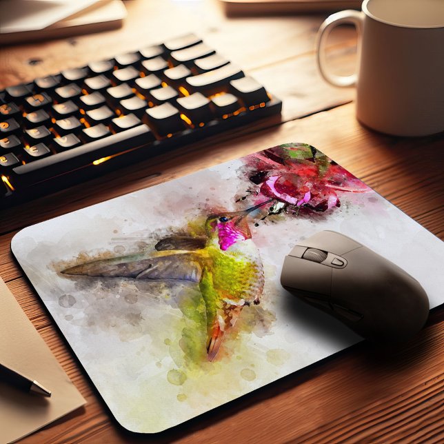 Mousepad Beija-flor se Alimentando de Flor Rosa Aquarela (Hummingbird Feeding on Pink Flower Watercolor. Mouse Pad)