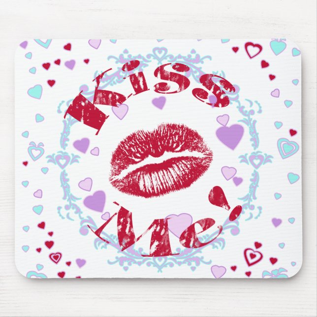 Mousepad Beije-me! Lábios Vermelhos Com Corações (Frente)