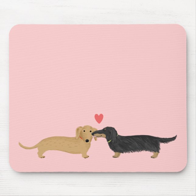 Mousepad Beijo de Dachshund com Coração em Rosa (Frente)