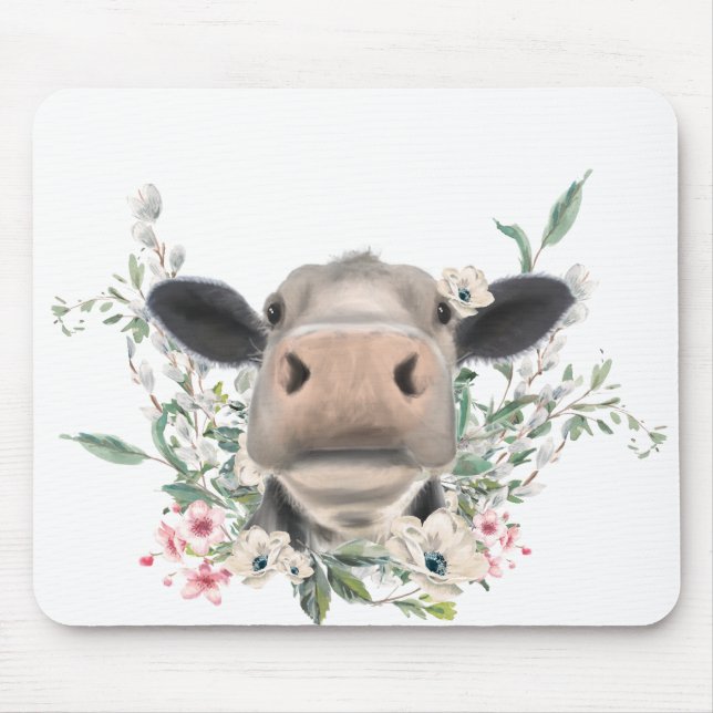 Mousepad beijo de nariz de vaca flores aquarela cinza anima (Frente)