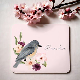 Mousepad Bela Boêmia Estilo Watercolor Pássaro e Ramo