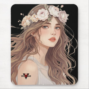Mousepad Bela Garota de Anime Floral – Estética Pastel Suav